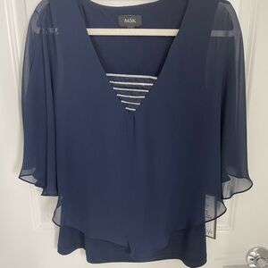 NWT, dressy navy top embellished with sequins, chiffon overlay.